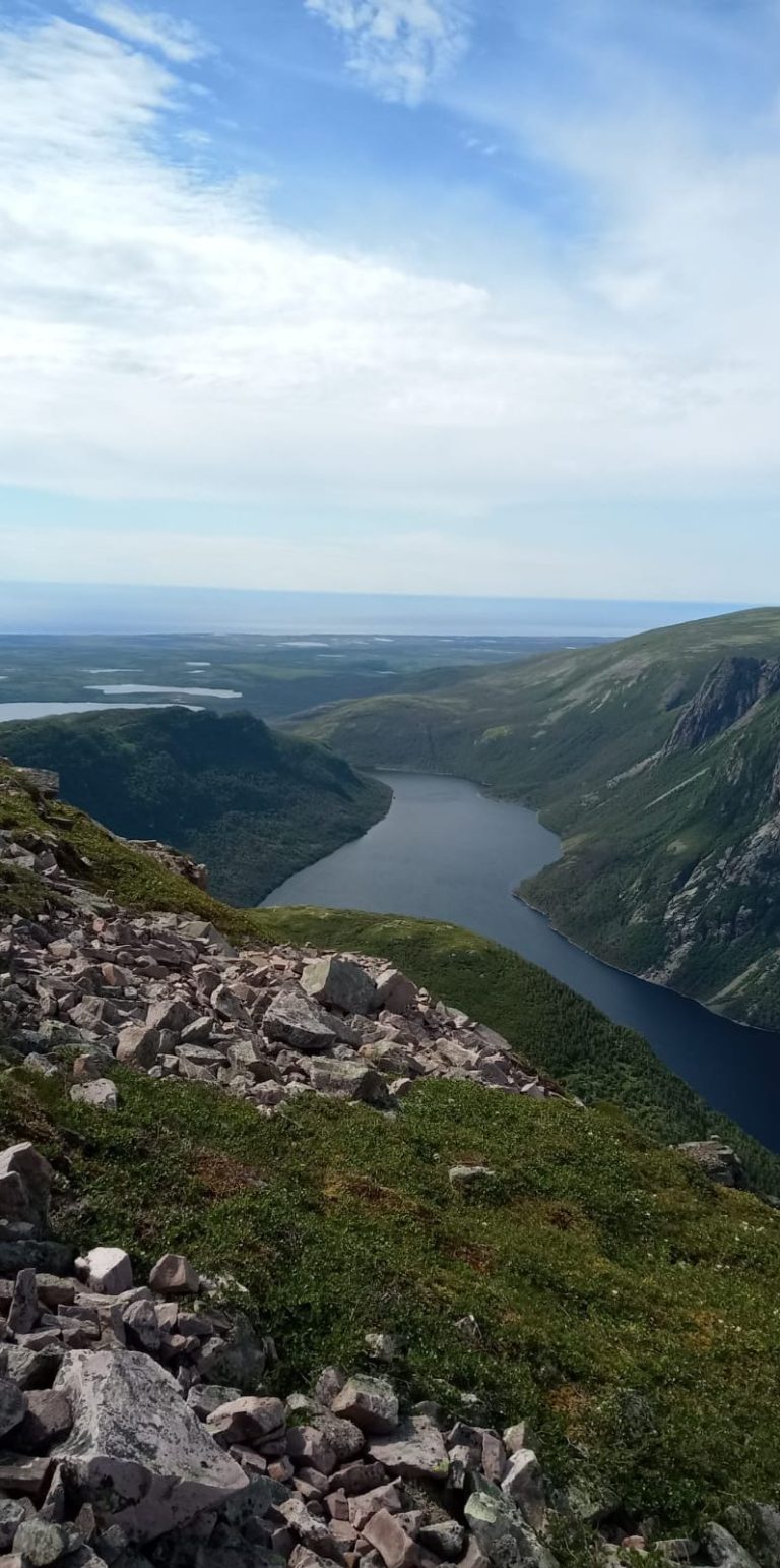 Blick auf einen gewundenen Fluss, umgeben von grünen Hügeln und einem blauen Himmel.